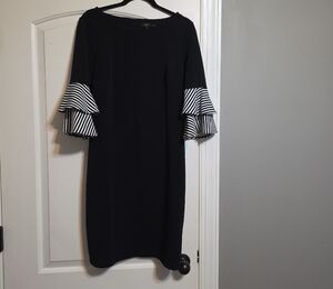 Chic Black Dress with Striped Bell Sleeves